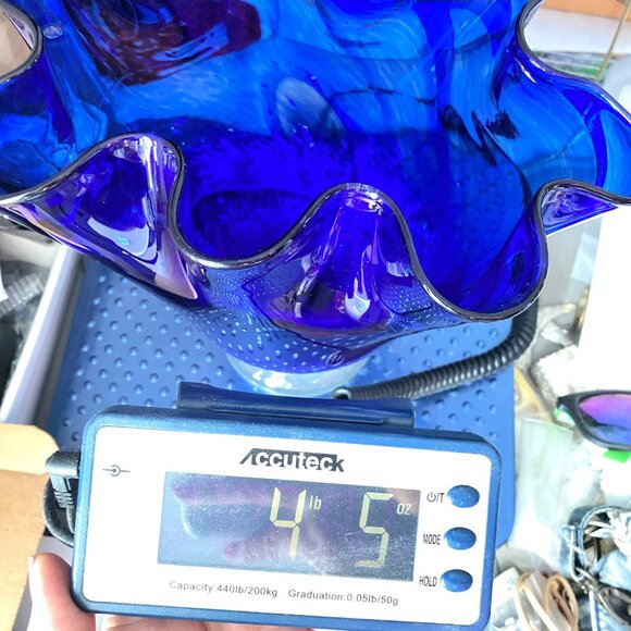 Mduca Cobalt Blue Art Glass Handkerchief Ruffle Edge Hand Blown Vase 10in Tall - Picture 6 of 12